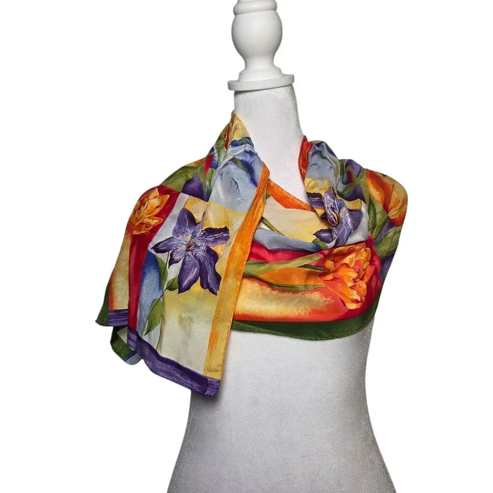Vtg Adrienne Vittadini Silk Scarf Tulip Floral Botanical 90s Whimsical Granny